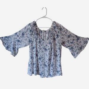 Blue Floral Sheer V-Neck Long Bell Sleeve Blouse